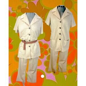 Vintage 70s Poly Knit Cream Pantsuit Raised Circles Weave Size XL